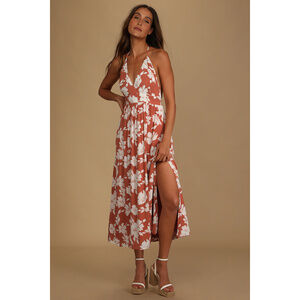 Follow the Summer Orange Floral Print Halter Midi Dress